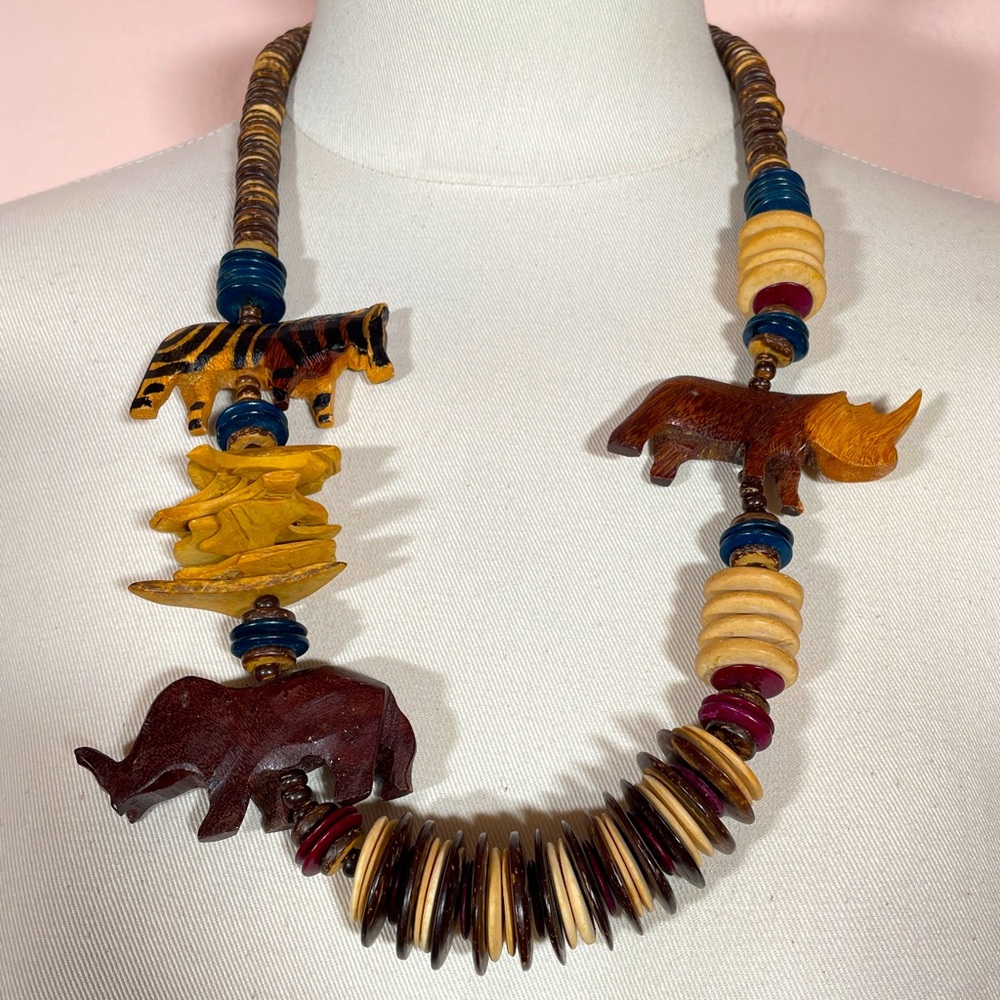 Vintage 80’s Real WOOD African Animal Safari Boho Vacation Oversized Necklace